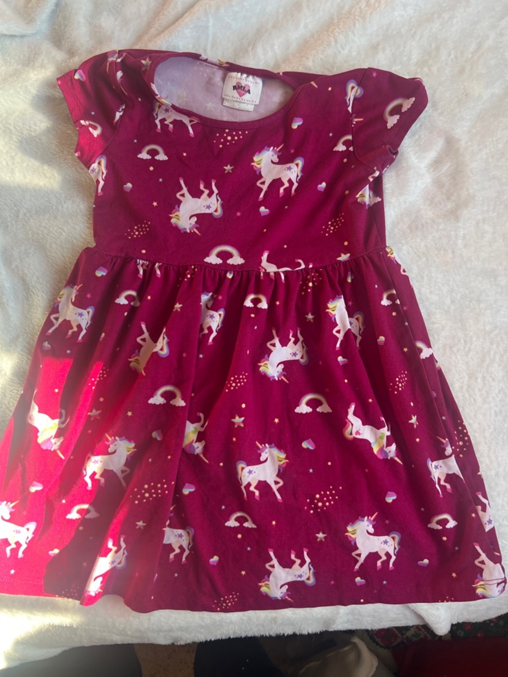 Girls' Unicorn Print Short Sleeve Dress - Deep Magenta